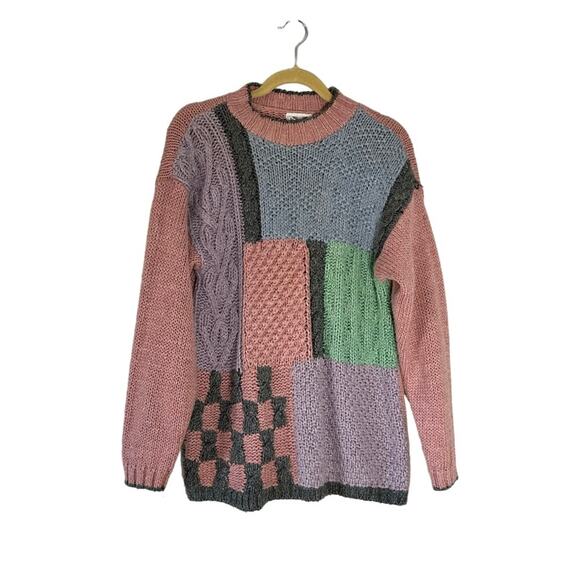 Vintage The Villager Ramie Acrylic Blend Patchwork Pink Knit Sweater Medium - Picture 1 of 5
